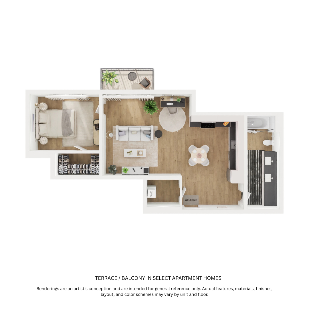 Floor plan for 1 bed, 1 bath, 746 sqft